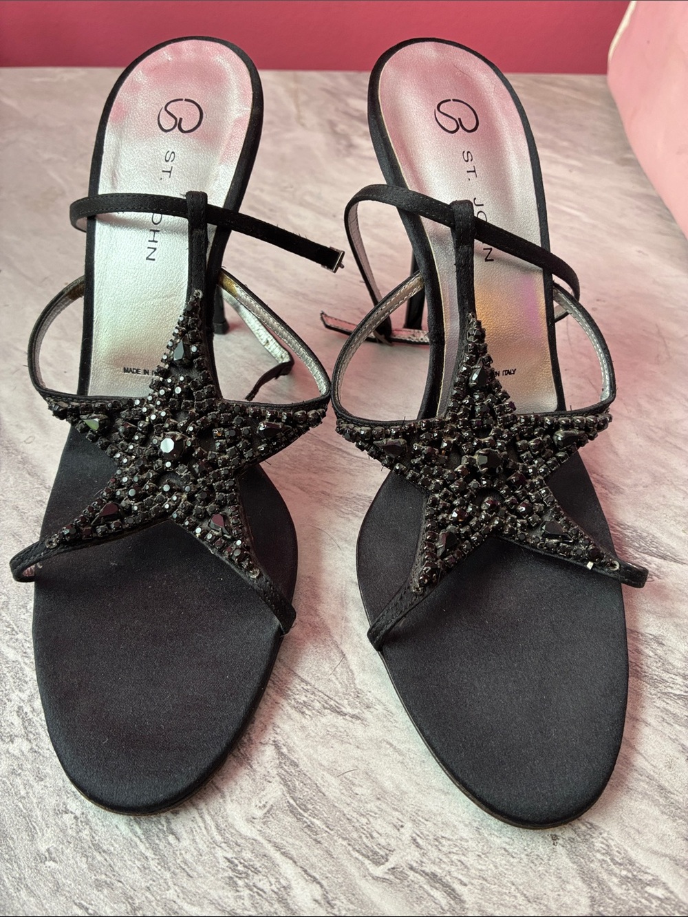 St. John Black Star Beaded Heeled Sandals